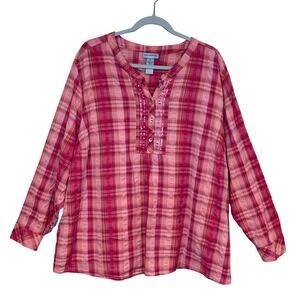 Catherines Womens 4X Pink Plaid Tunic Shirt Sequins‎ Long Sleeve Cotton Blend